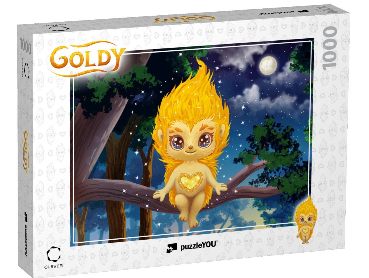 Ein goldenes Puzzle mit GOLDY auf einem Ast