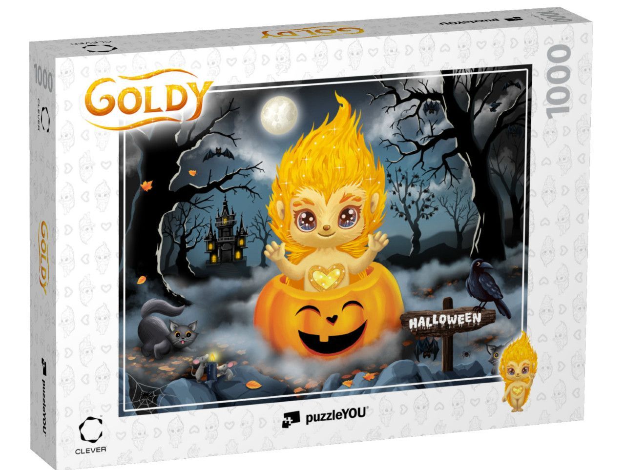 In einer Halloween-Szene sitzt GOLDY auf einem Kürbis.