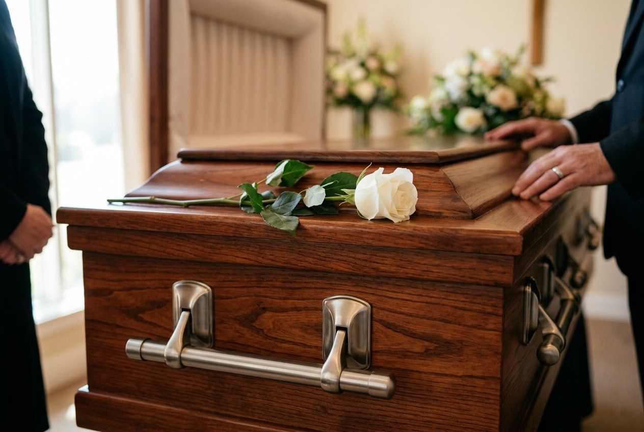 A close-up of a dark polished wooden casket with a single white rose on its lid, flanked by two men in dark suits, in a dimly lit funeral home interior with blurred floral arrangements behind.