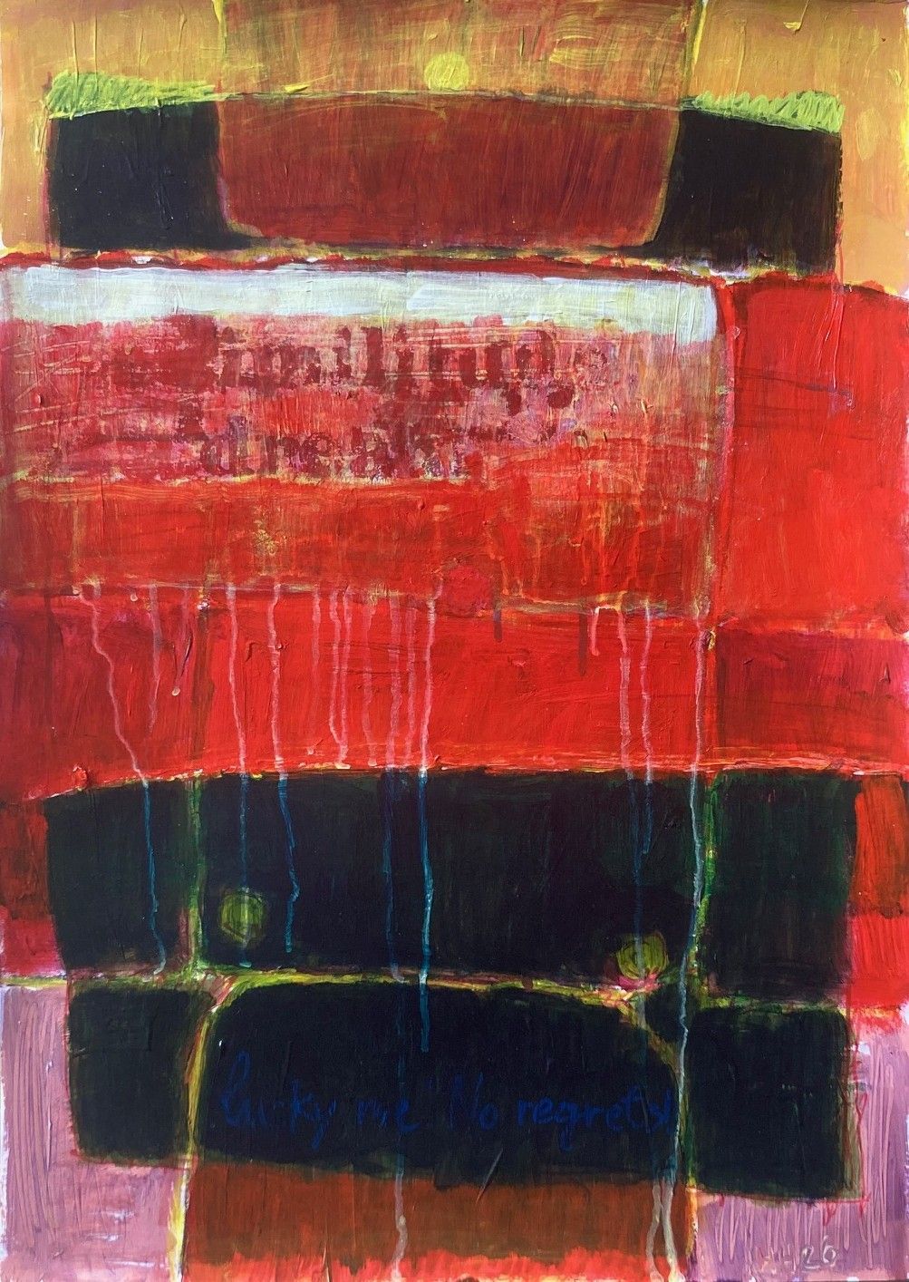 Portrait of a broken bag VII (Lucky me! No Regrets!), acrylic paint on canvas, 100x100cm, 2026.