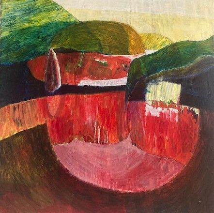 Landscape with megalith on a lava lake, acrylic on canvas, 100x100cm, 2024, Hennie Huijgens.
