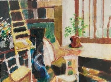 Sketch of rectory in church of Parnac, France, acrylic paint on paper, 30x40cm, 2024, Hennie Huijgens.