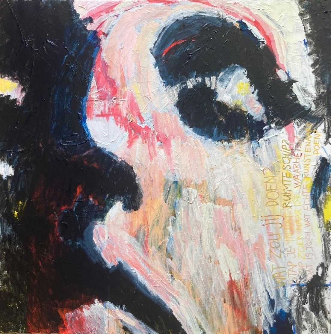 Spacegirl I, acrylic paint on canvas, 100x100cm, 2025, Hennie Huijgens. This painting is part (top left) of a four-part painting Spacegirl.