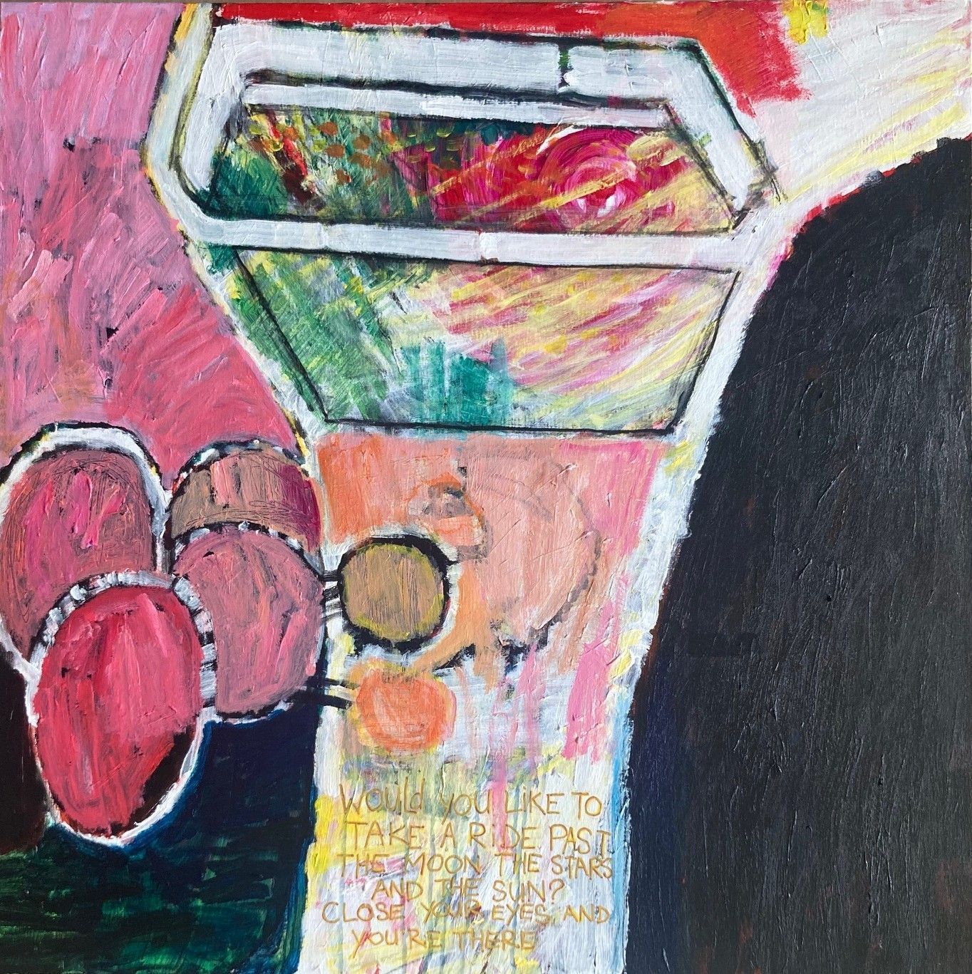 Spacegirl II, acrylic paint on canvas, 100x100cm, 2025, Hennie Huijgens. This painting is part (top right) of a four-part painting Spacegirl.
