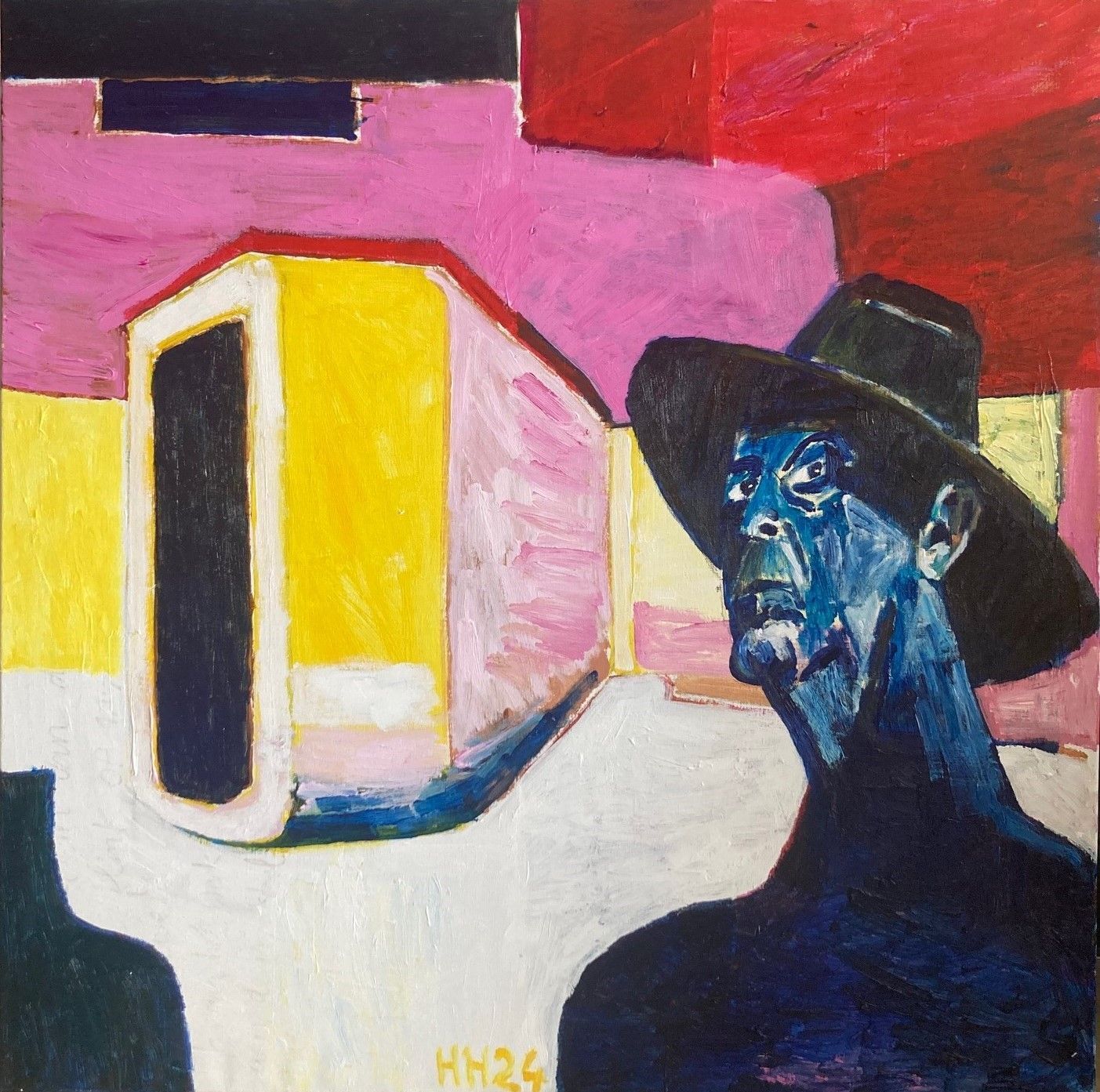 Self-portrait with door to an unknown world, acrylic on canvas, 100x100cm, 2024, Hennie Huijgens.