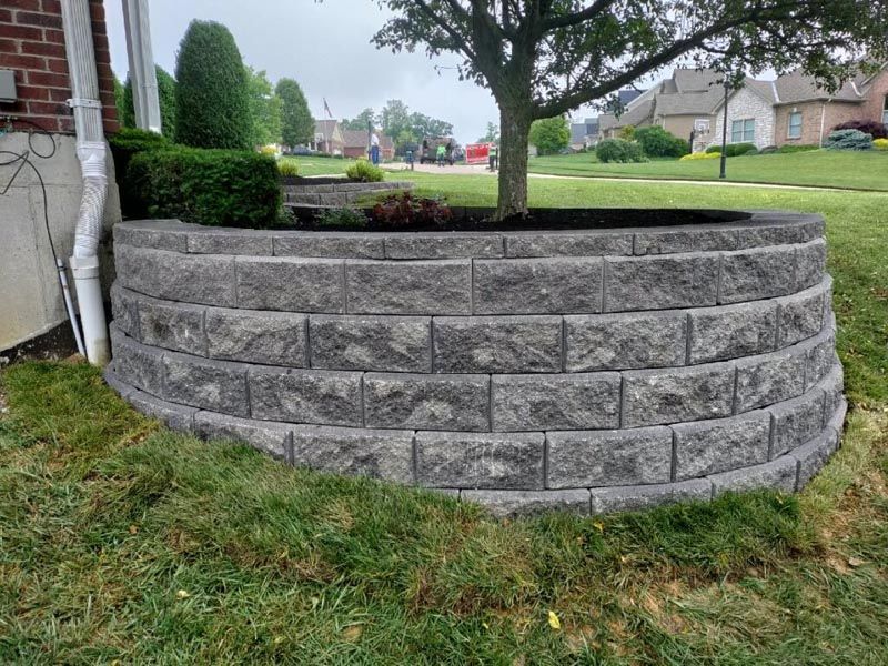 A brick wall with a tree in the middle of it