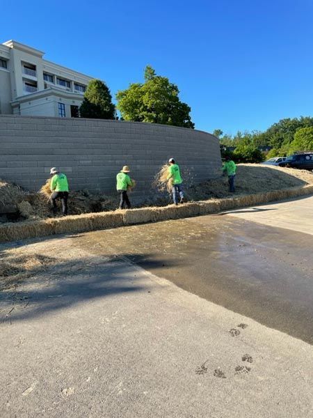 A group of people in green shirts are working on a wall.