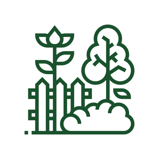 A line drawing of a garden with trees and a fence.