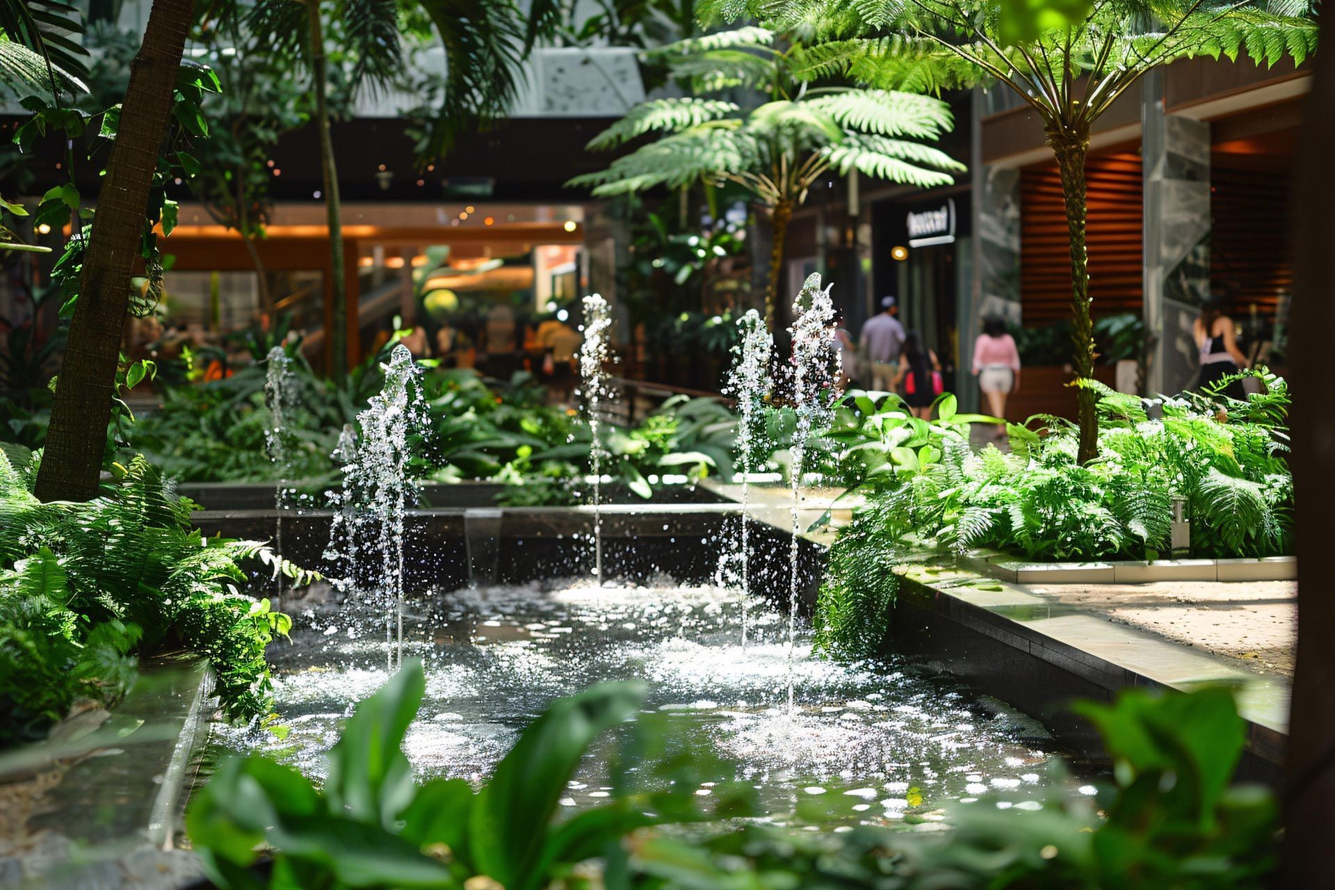 There is a fountain in the middle of a park surrounded by trees.