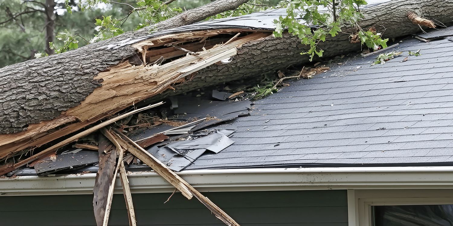 Severe roof damage from a fallen oak requiring emergency tree removal and structural repair.