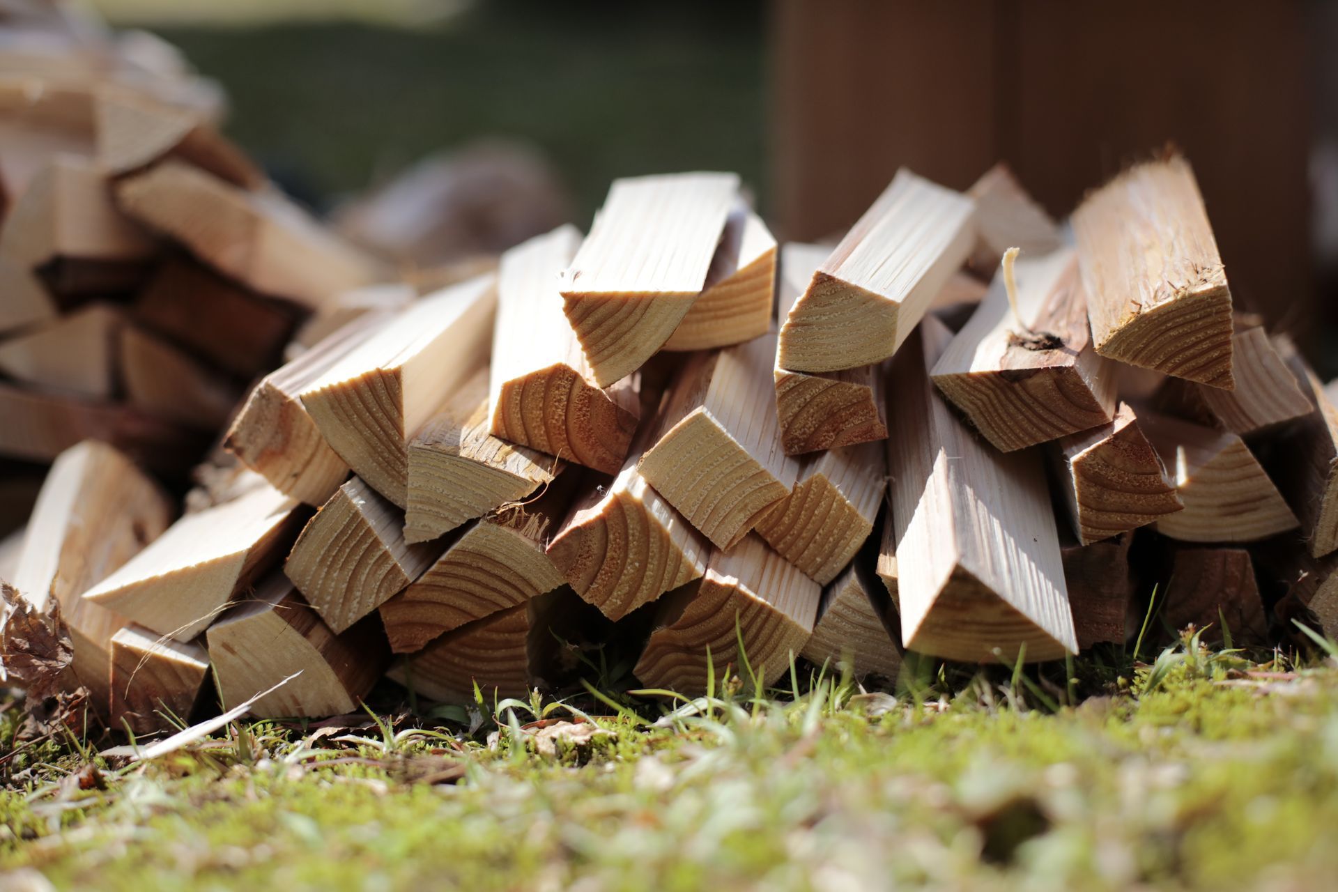 Pile of firewood on the grass in the garden. 