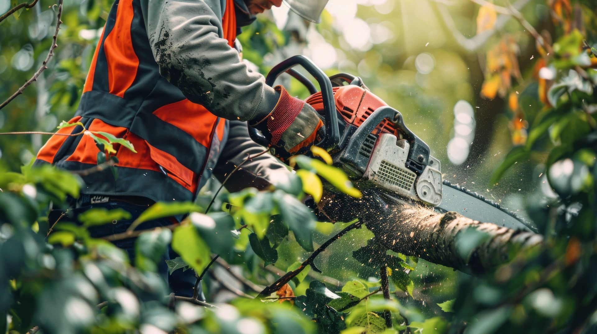 Expert tree surgeon cutting branches with a chainsaw during an emergency tree removal service. Expert tree surgeon cutting branches with a chainsaw during an emergency tree removal service.