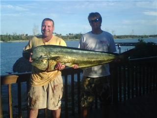 two men are standing next to each other holding a large fish .