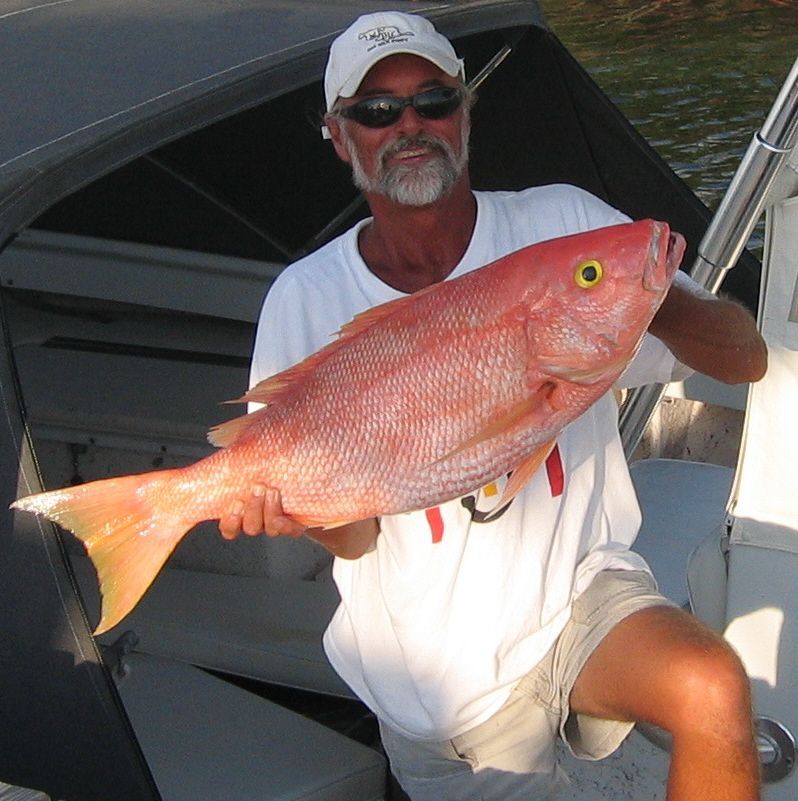 A man in a white shirt is holding a large red fish