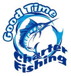 A logo for good time charter fishing with a marlin in the middle.