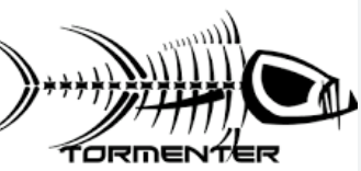 A black and white logo for tormenter with a fish skeleton.