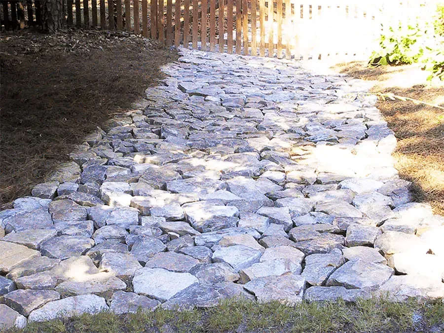 Stone path in bright sunlight leading to a wooden fence and gate.