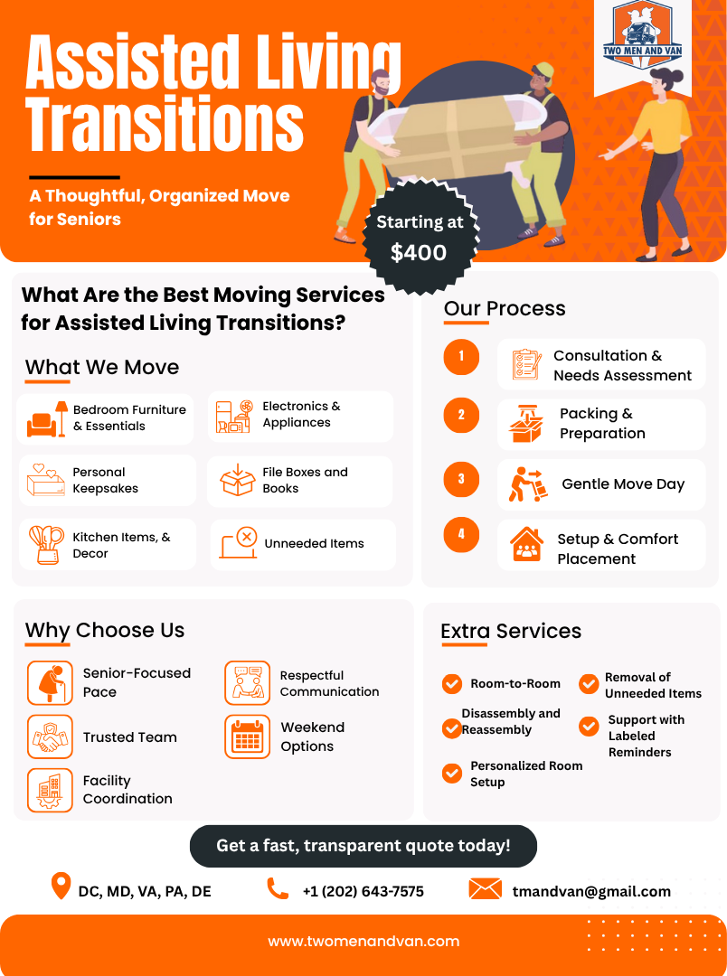 Flyer for assisted living transitions, promoting moving services, with orange and white colors.