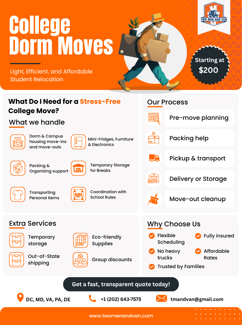 Orange flyer: College dorm move services; man carrying boxes, starting at $200.