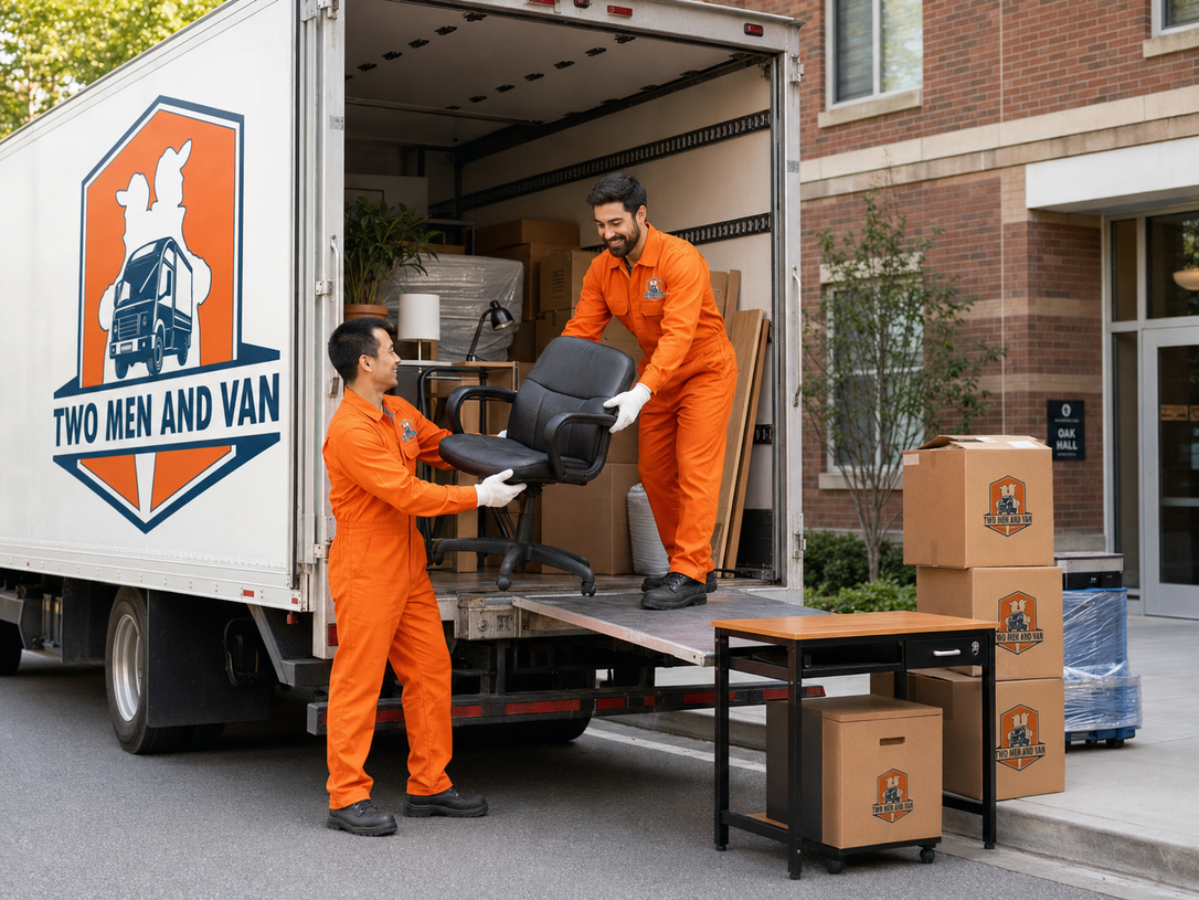 Two movers in orange uniforms loading furniture into a moving truck beside apartment steps