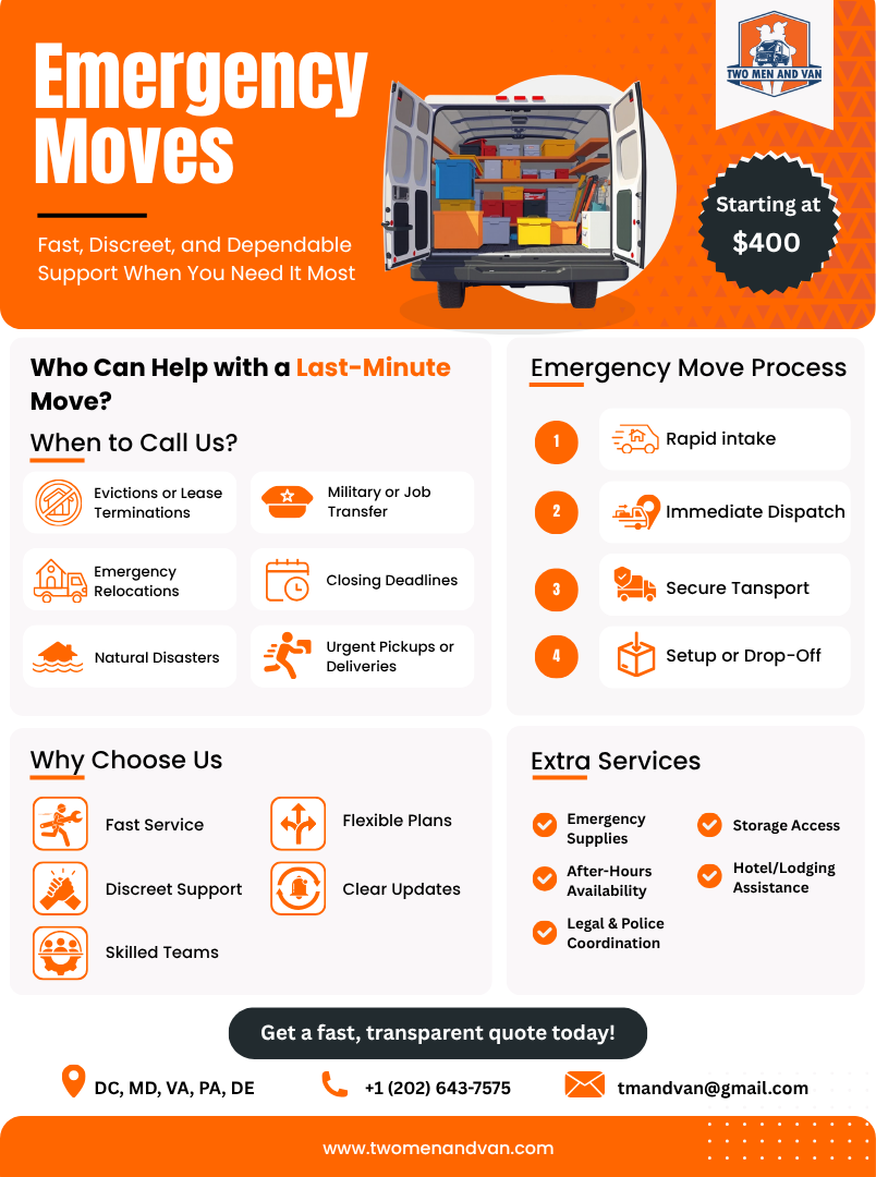 Orange flyer: Emergency moves, truck loaded, lists services, and contact info.