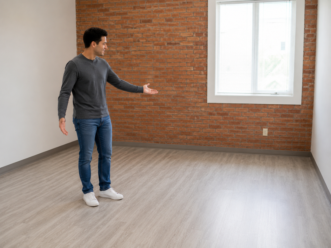 Man standing in an empty room with brick wall, large window, and light wood floor, gesturing toward the space