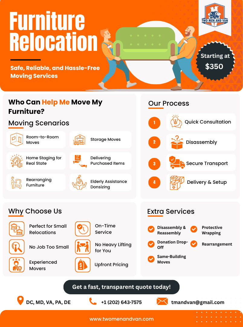 Orange flyer for furniture relocation services with people moving a green couch. Offers relocation scenarios and services.