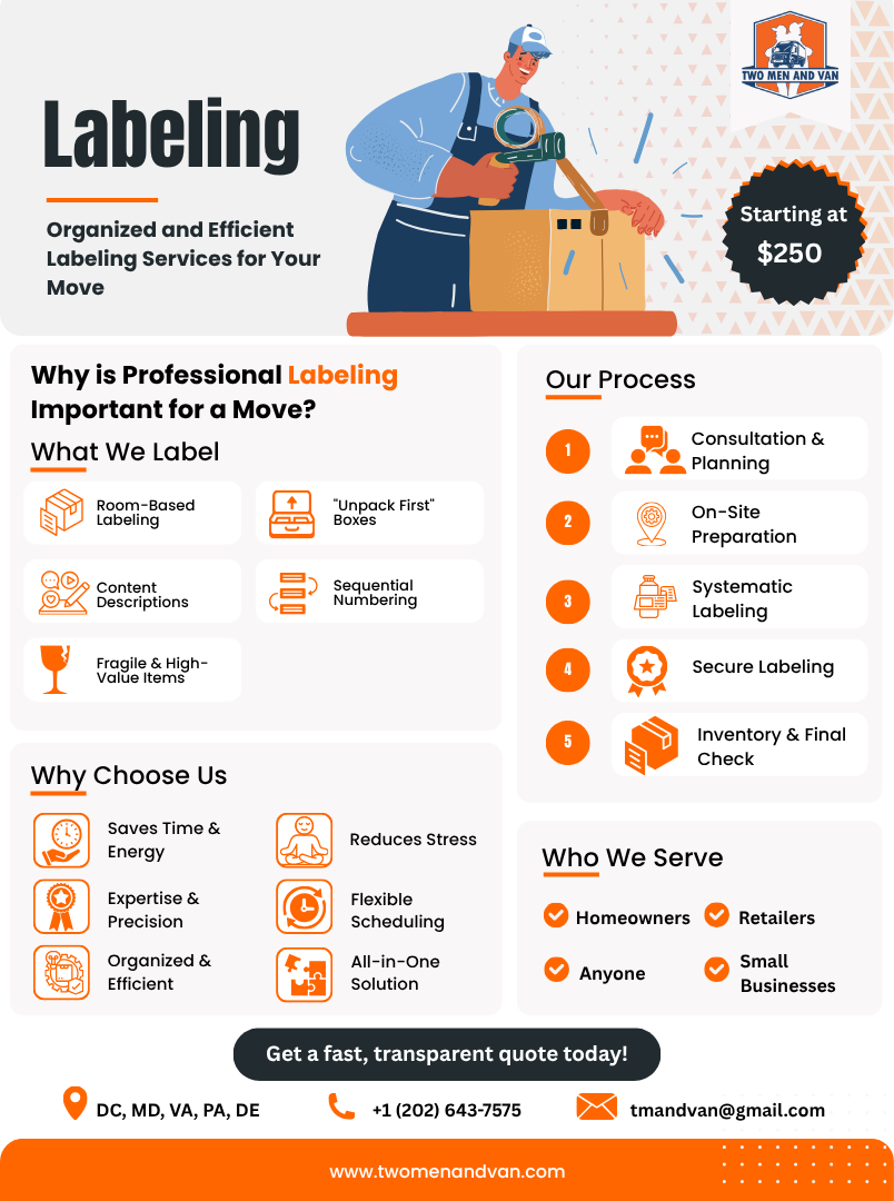 Marketing flyer for a labeled moving service, with orange accents and a person packing boxes