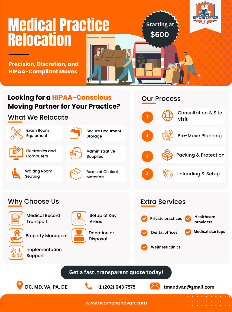 Medical practice relocation advertisement with orange accents, featuring moving van and boxes, and services.