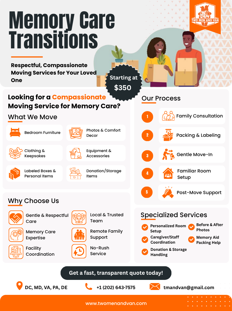Memory care transitions flyer with orange and white design, service icons, and two illustrated caregivers.