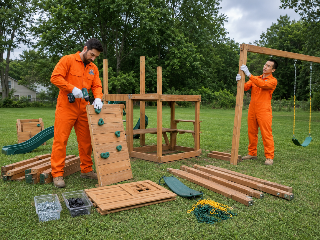 Two workers in orange coveralls assembling a wooden playground structure in a grassy yard