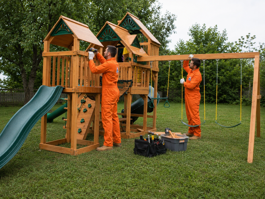 Two workers in orange overalls assemble a wooden playground with slides in a grassy yard.