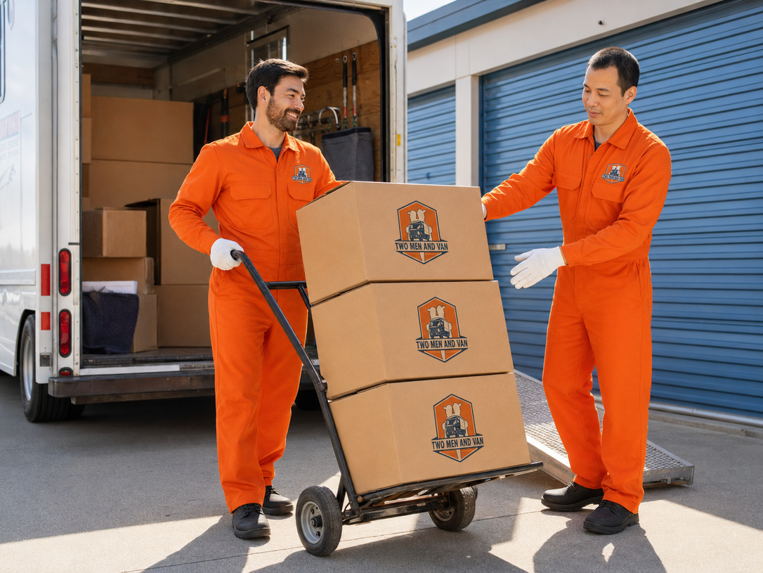 Two workers in orange uniforms loading boxes onto a hand truck from a delivery truck