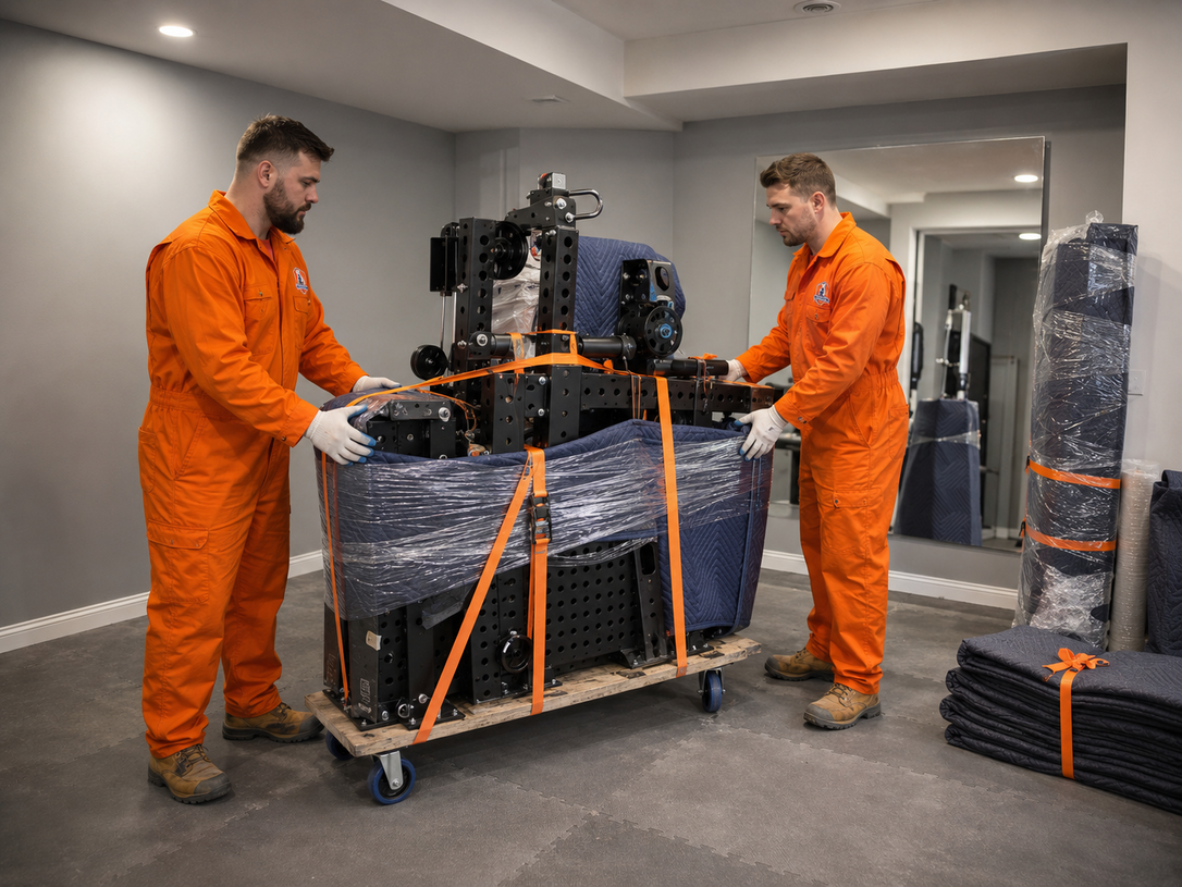 Two workers in orange uniforms unloading wrapped pallets from a truck outdoors