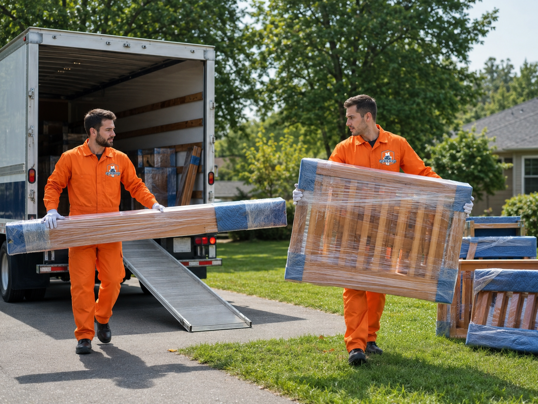 Two workers in orange uniforms unloading wrapped pallets from a truck outdoors