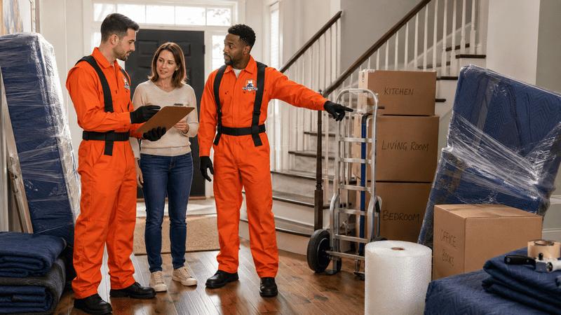 Two movers in orange uniforms discussing a home move with a woman in a living room, boxes and furniture nearby