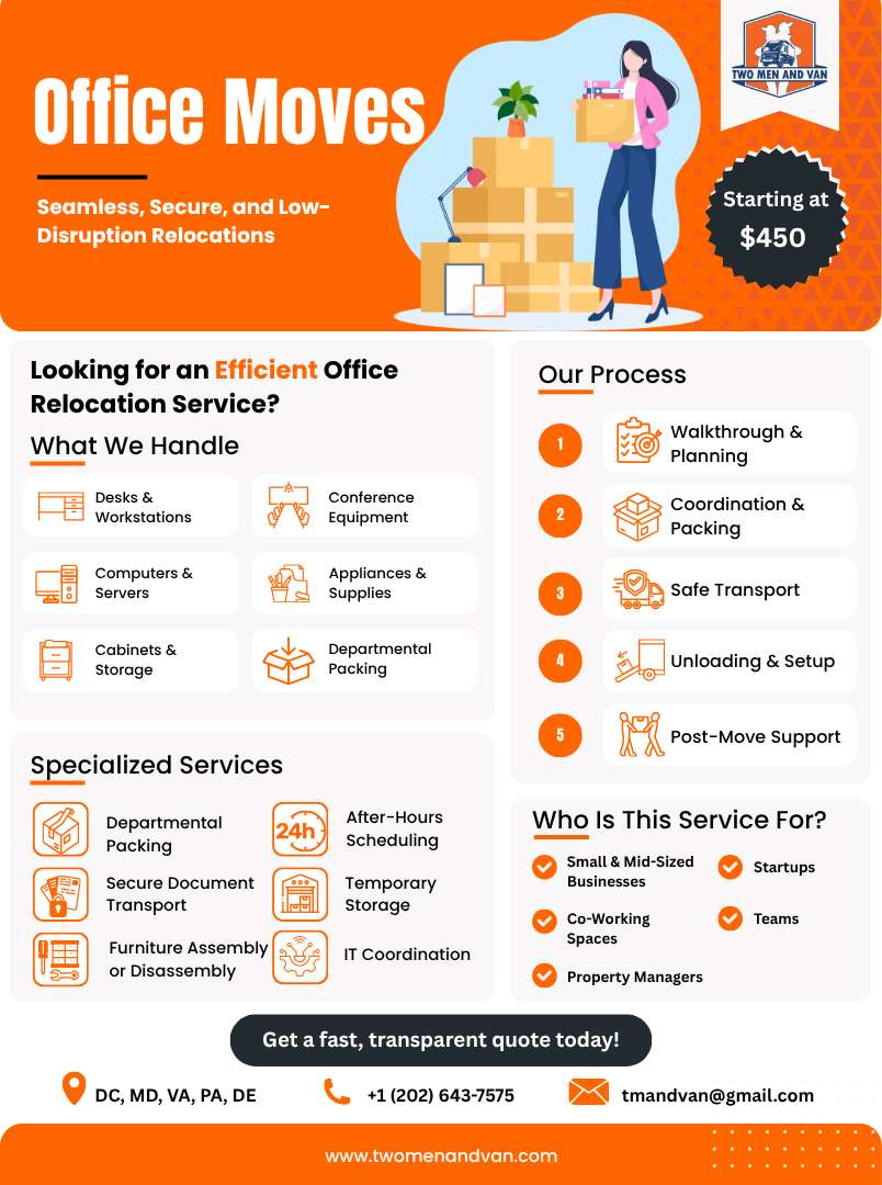 Orange office move advertisement with text, a graphic of a woman moving boxes, and a starting price.