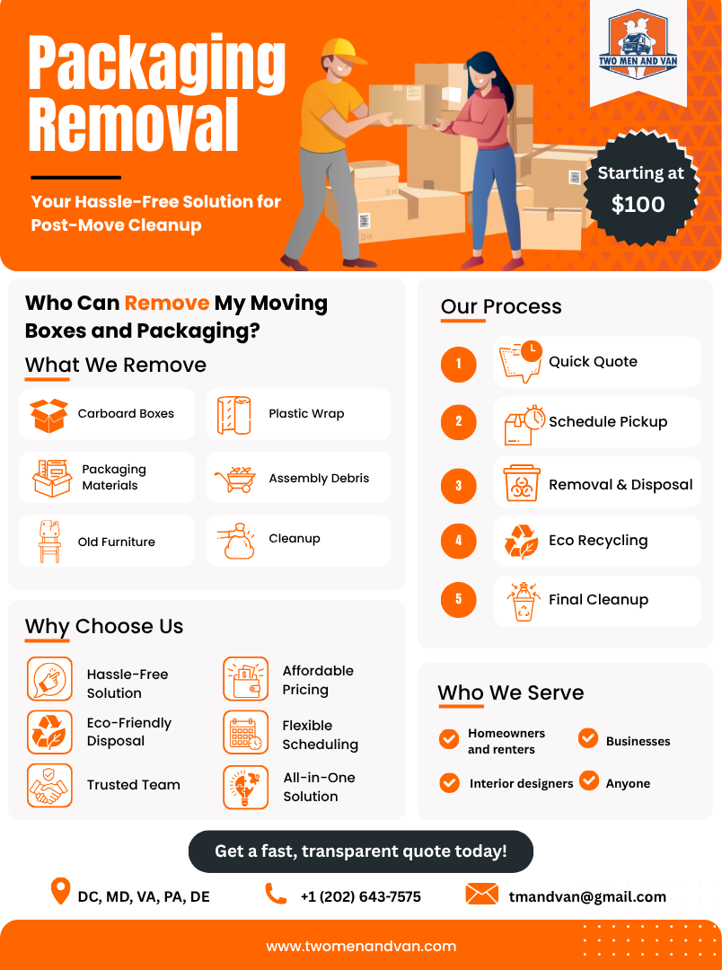 Orange packaging removal service flyer with worker illustration, pricing, services, and contact details.