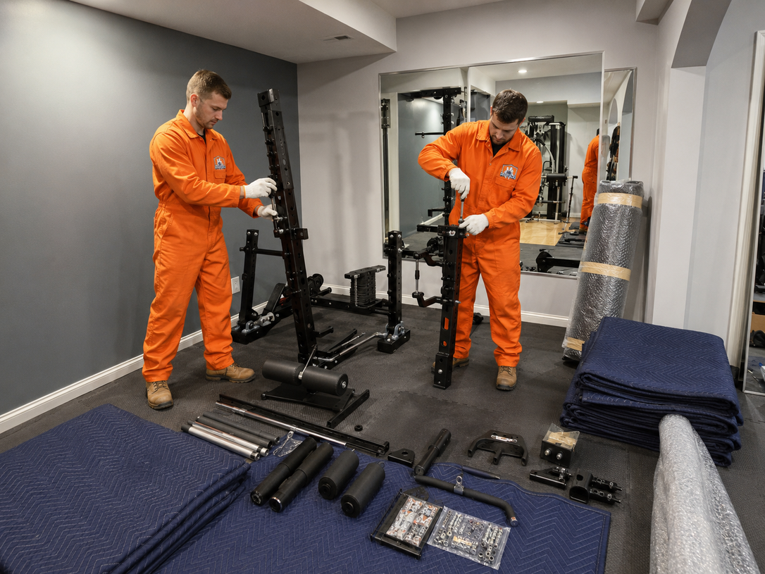 Two people in orange coveralls assembling gym equipment in a mirror-lined workout room.
