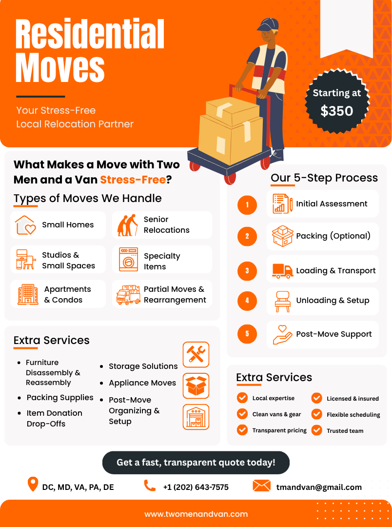 Orange flyer for residential moves with a mover, boxes, and a $350 starting price.