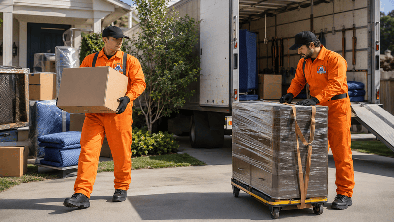 Two movers in orange uniforms carrying boxes and a wrapped pallet beside a moving truck outdoors