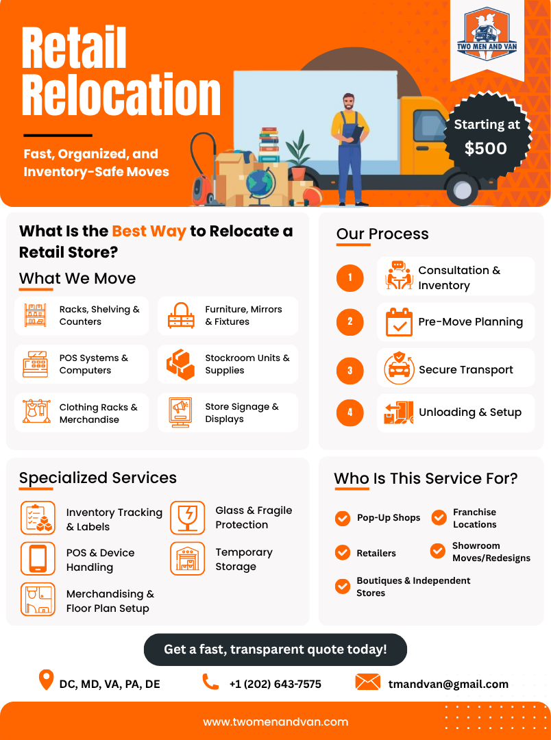 Flyer promoting retail relocation services, orange background, truck, text, and logos.