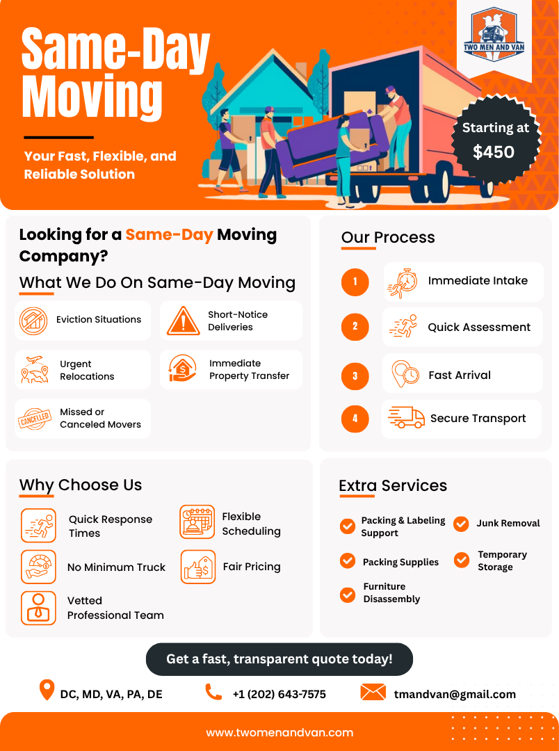 Orange same-day moving flyer with movers, service list, and $450 starting price