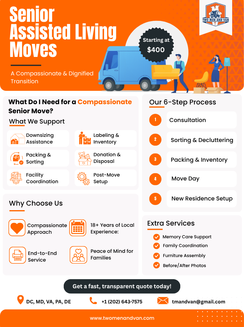 Senior Assisted Living Moves ad with a moving truck and a person assisting a senior.