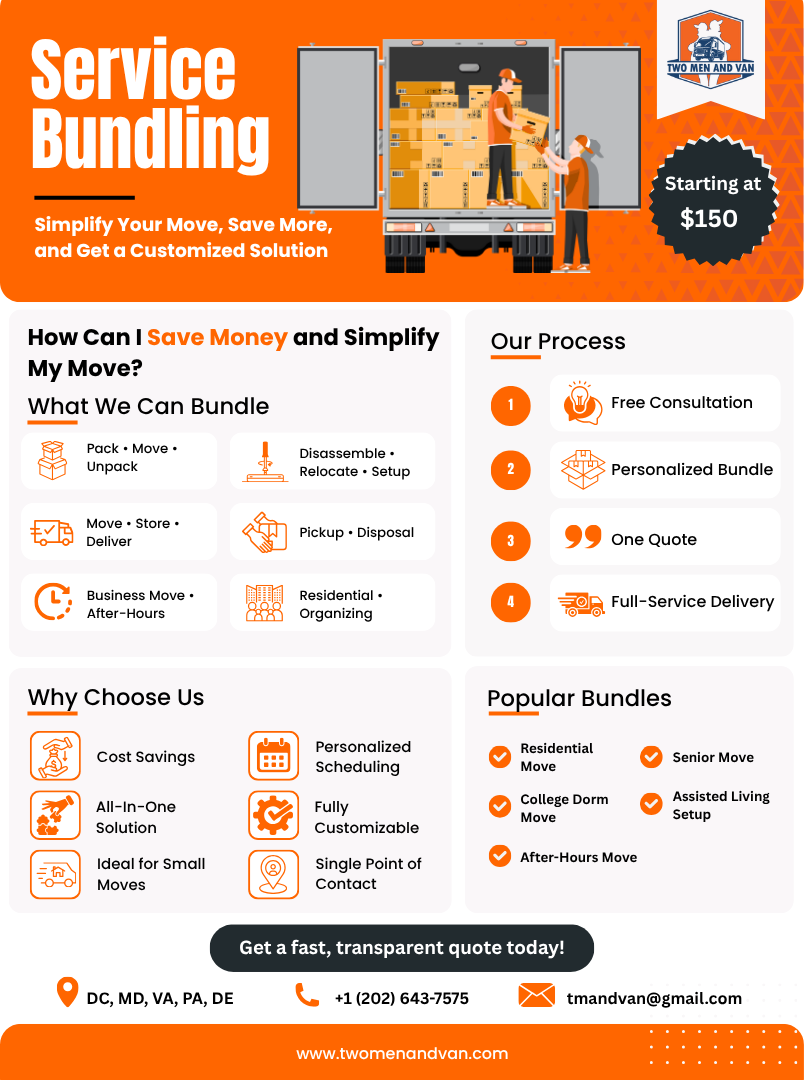 Flyer for service bundling, showing moving services. Orange and white colors. Includes price of $150.