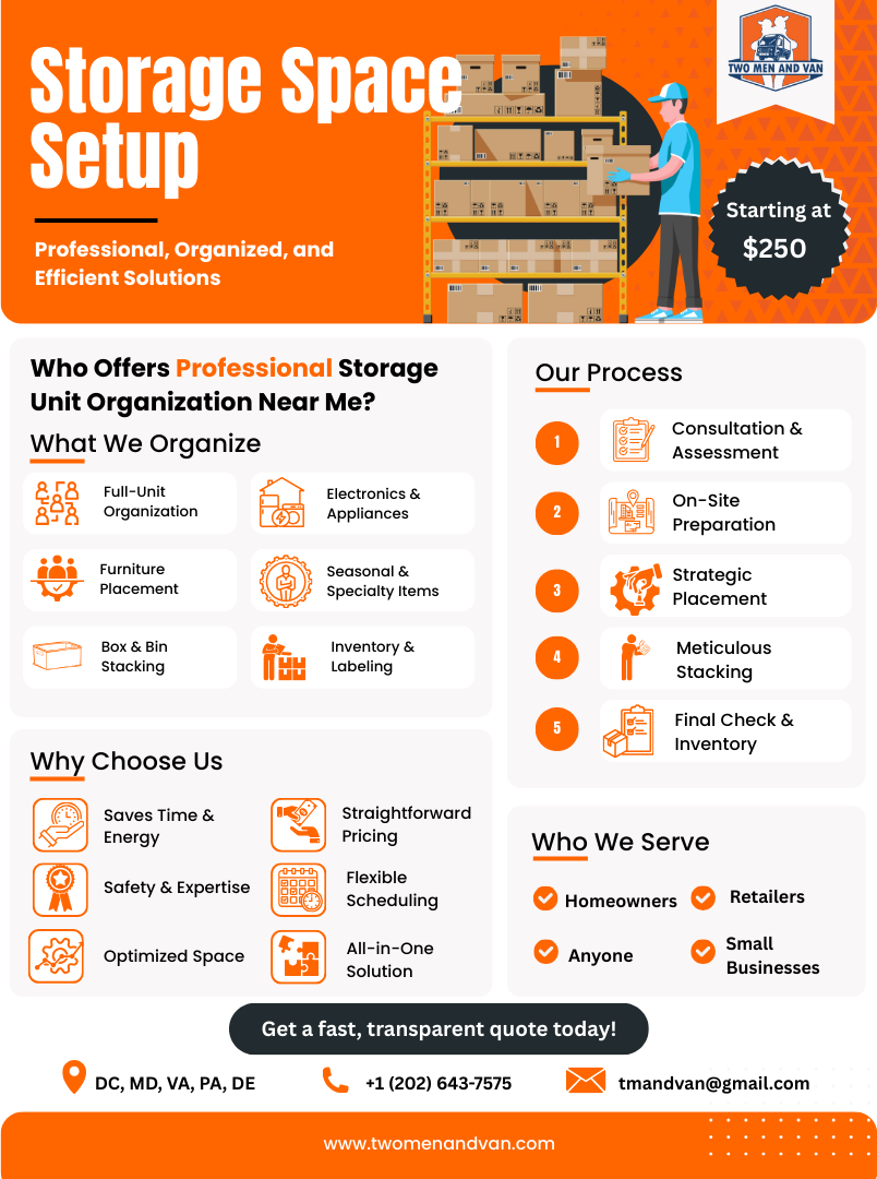 Orange flyer: Storage unit setup service. Boxes on shelves, worker, starting at $250.