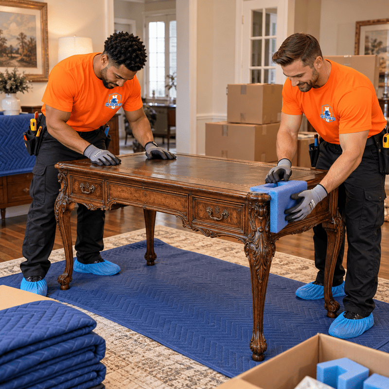 Two movers in orange shirts clean a carved wooden table in a moving room with boxes and blue blankets.