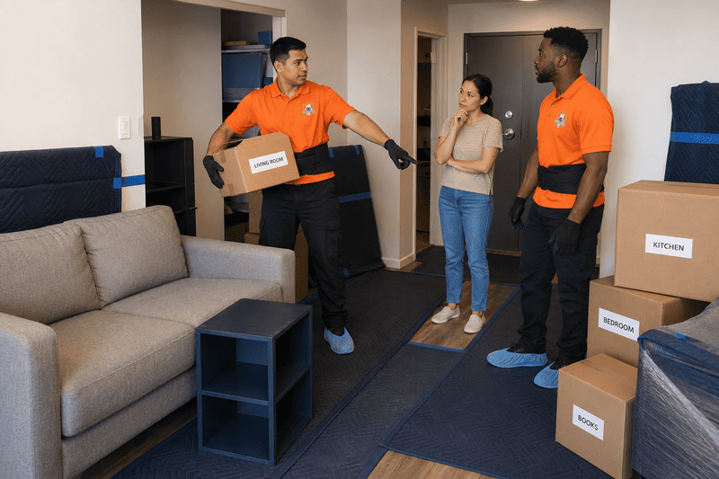 Three movers with boxes in an apartment living room, beside a couch and stacked cardboard boxes