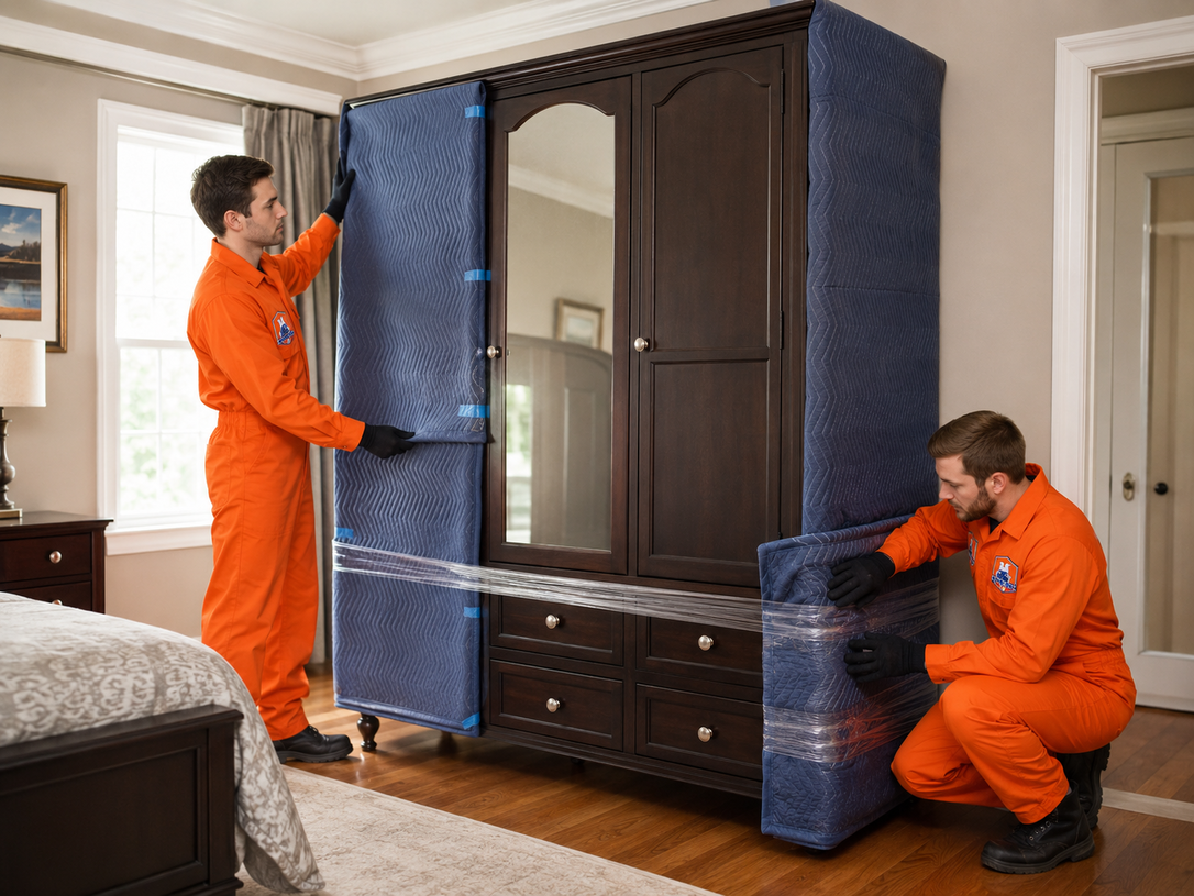 Two movers in orange overalls wrapping a dark wardrobe in blue protective padding indoors