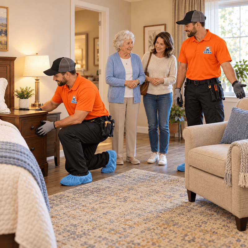Two technicians in orange shirts inspect a bedroom while an elderly woman and a younger woman watch.